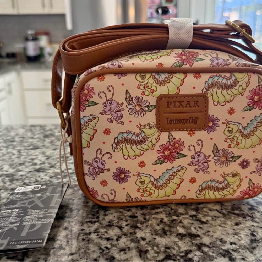 Loungefly Cream Floral Caterpillar Crossbody Bag with Brown Trim - Picture 2 of 2